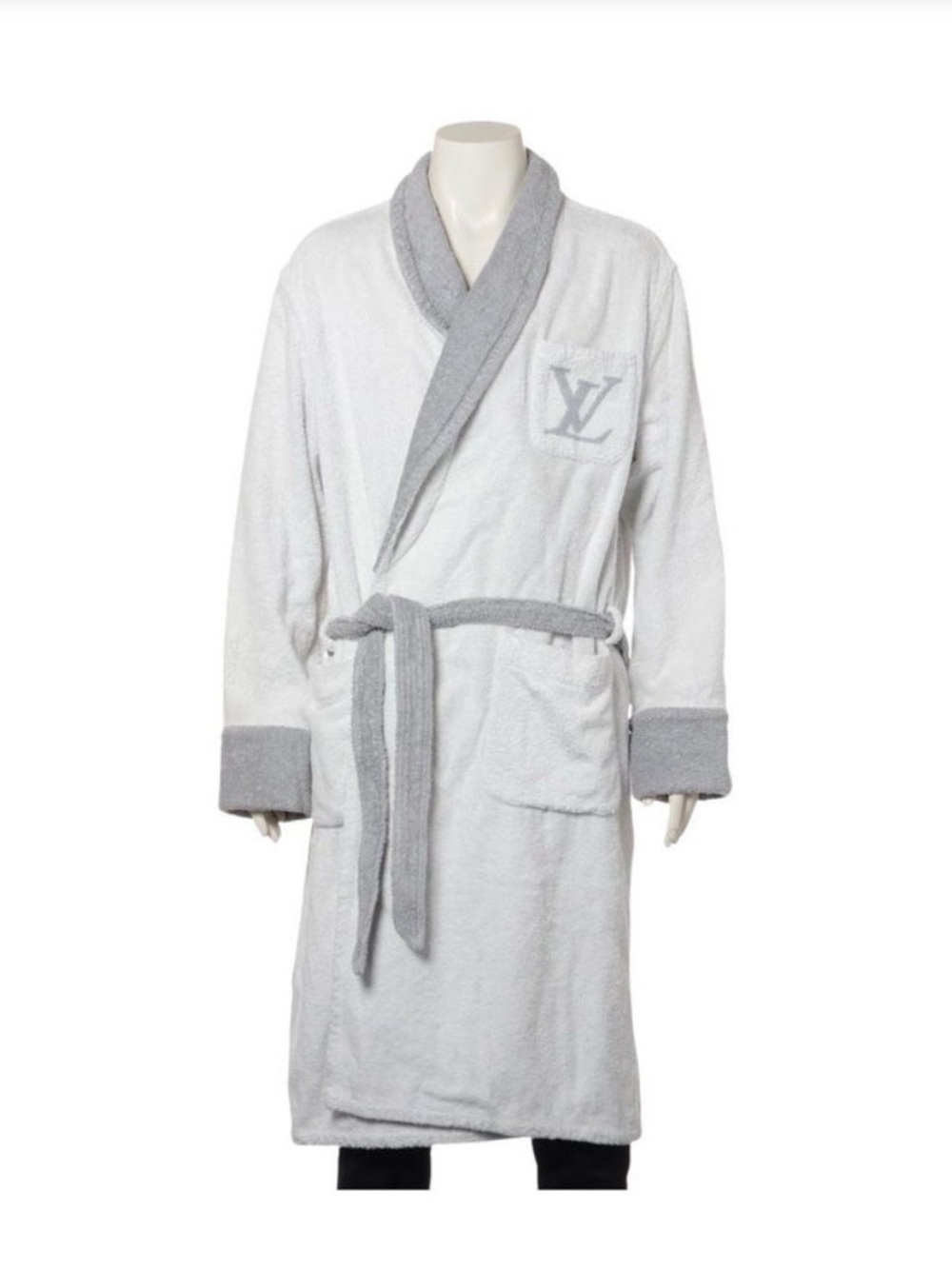 Louis Vuitton XL  thick Luxury White & Light Gray Terry Cloth Bath Robe - w/ COA